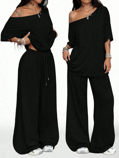 Casual Sports Loose Fit with Slanted Hem and Wide Leg Pants Set