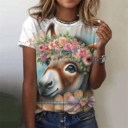 Cute Cow Donkey Pattern Flower Animals 3D Printed T Shirts