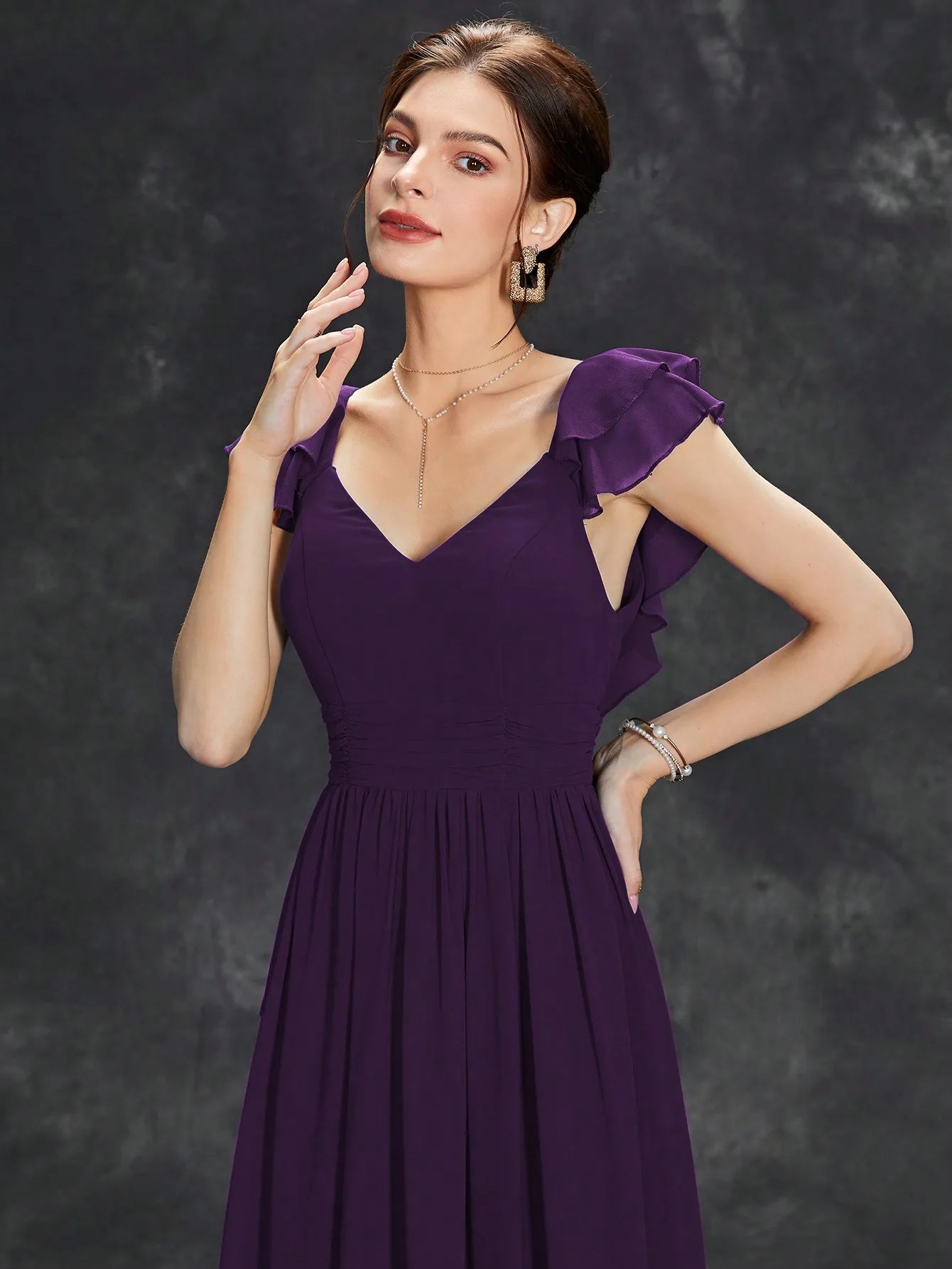 Mgiacy V-neck cap sleeve ruffle lace Extra long evening gown Ball dress