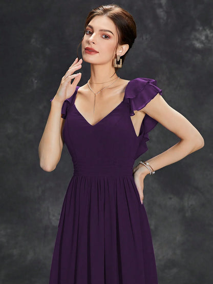 Mgiacy V-neck cap sleeve ruffle lace Extra long evening gown Ball dress