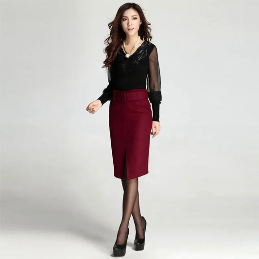 High waist casual mid-length wool pencil skirt