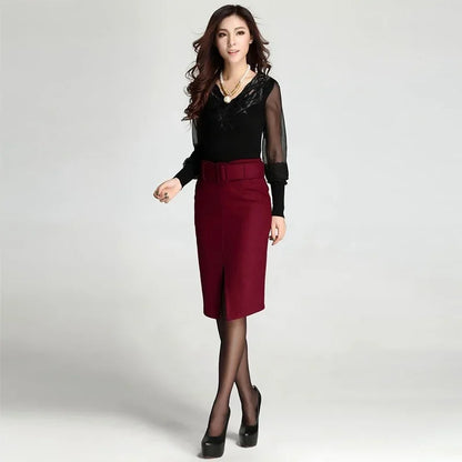 large size high waist mid-length wool skirt