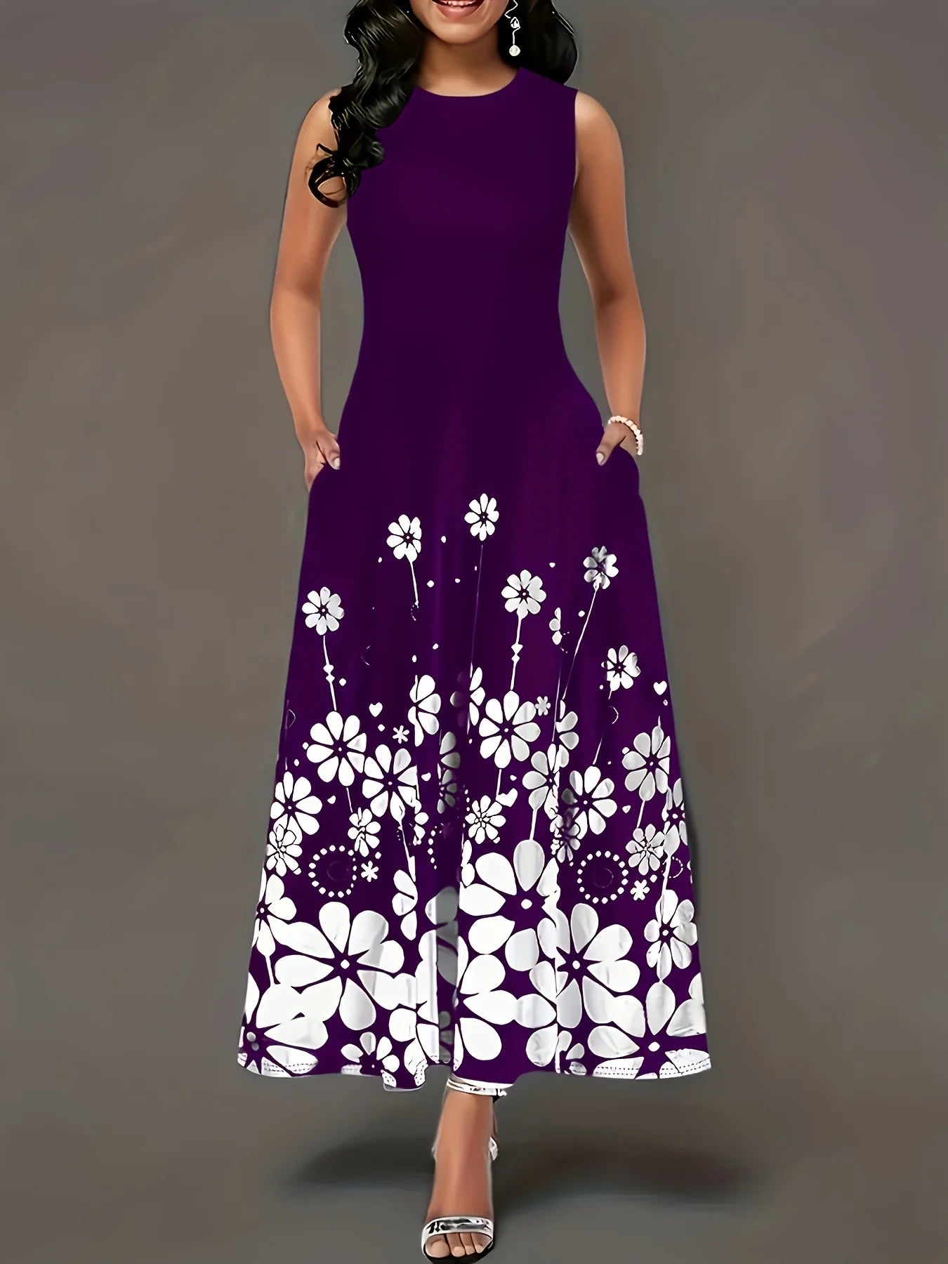 Sleeveless printed loose round neck temperament dress