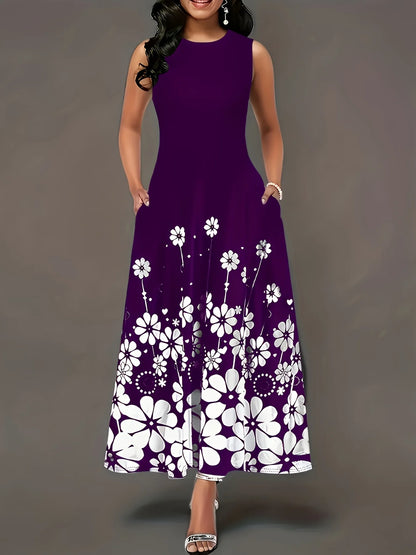 Sleeveless printed loose round neck temperament dress