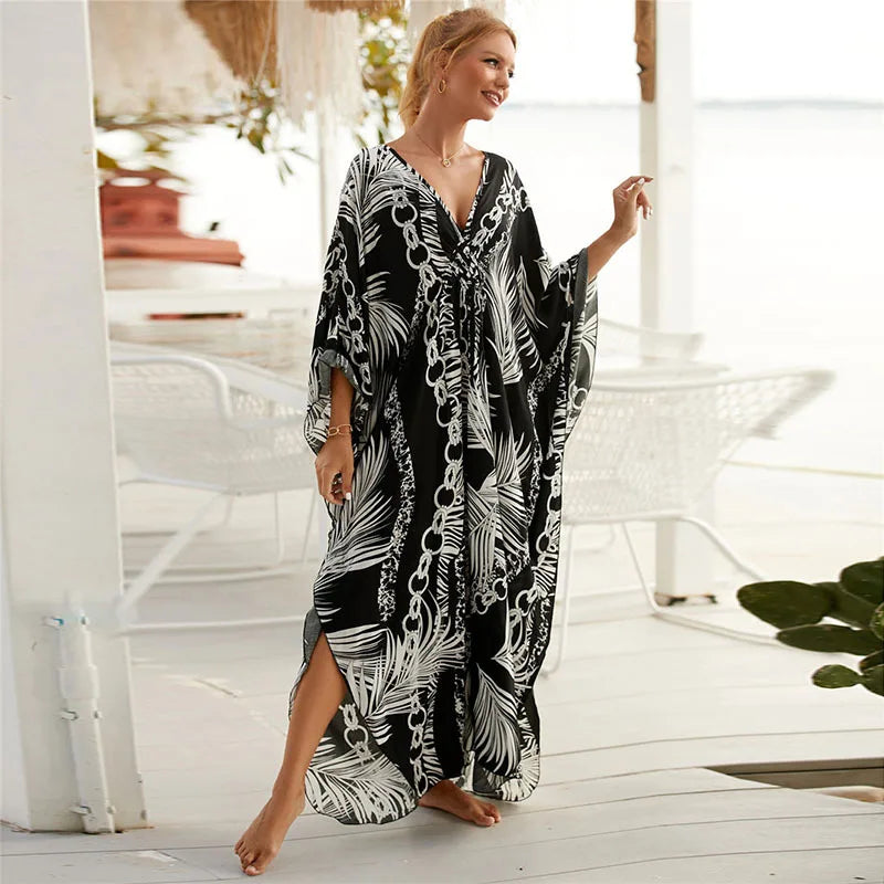Plus Size Animal Print V-Neck Batwing Kaftan Beach Dress