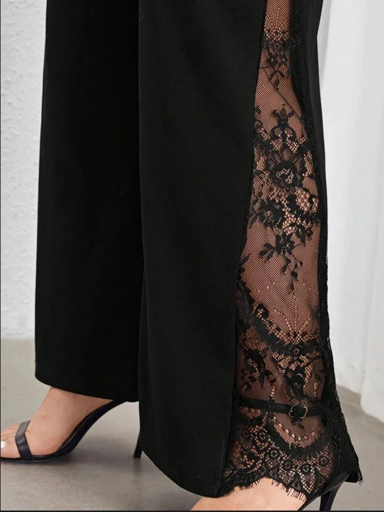 Black split lace elastic waist wide leg pants