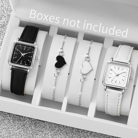 Square Leather Quartz Watches Heart Bracelet Set