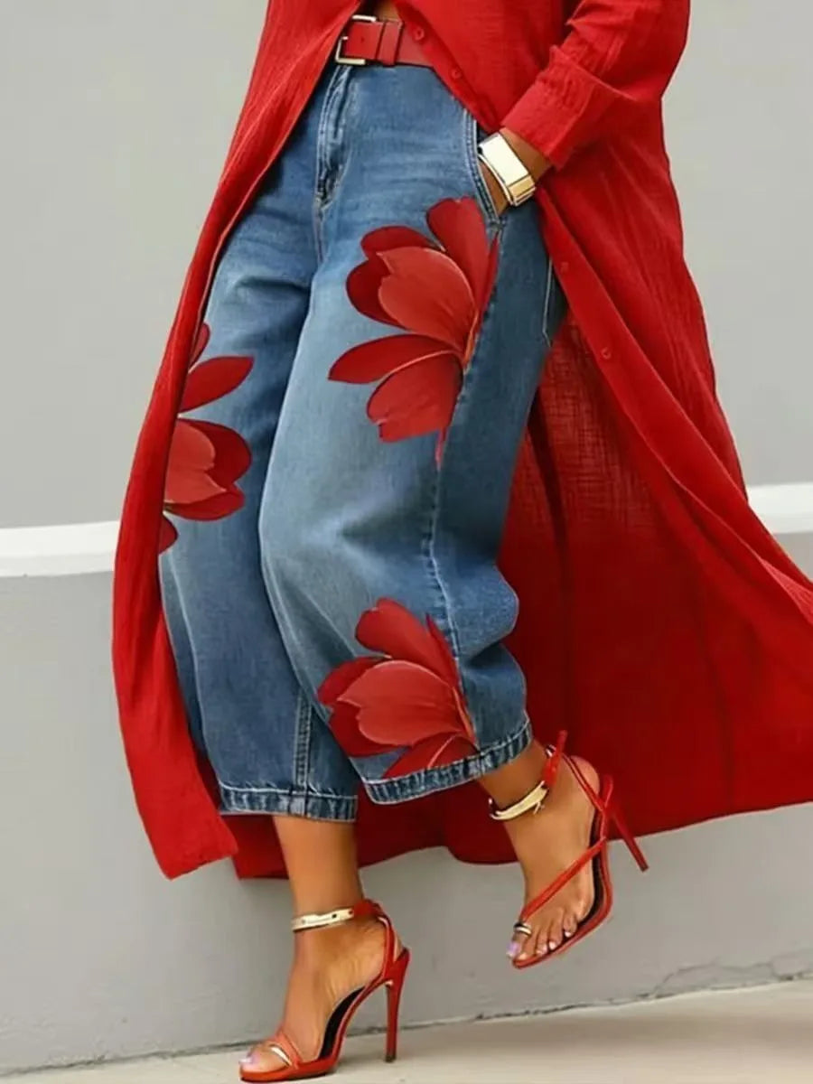 Streetwear Floral Print High Waist Jeans Loose Fit Pants