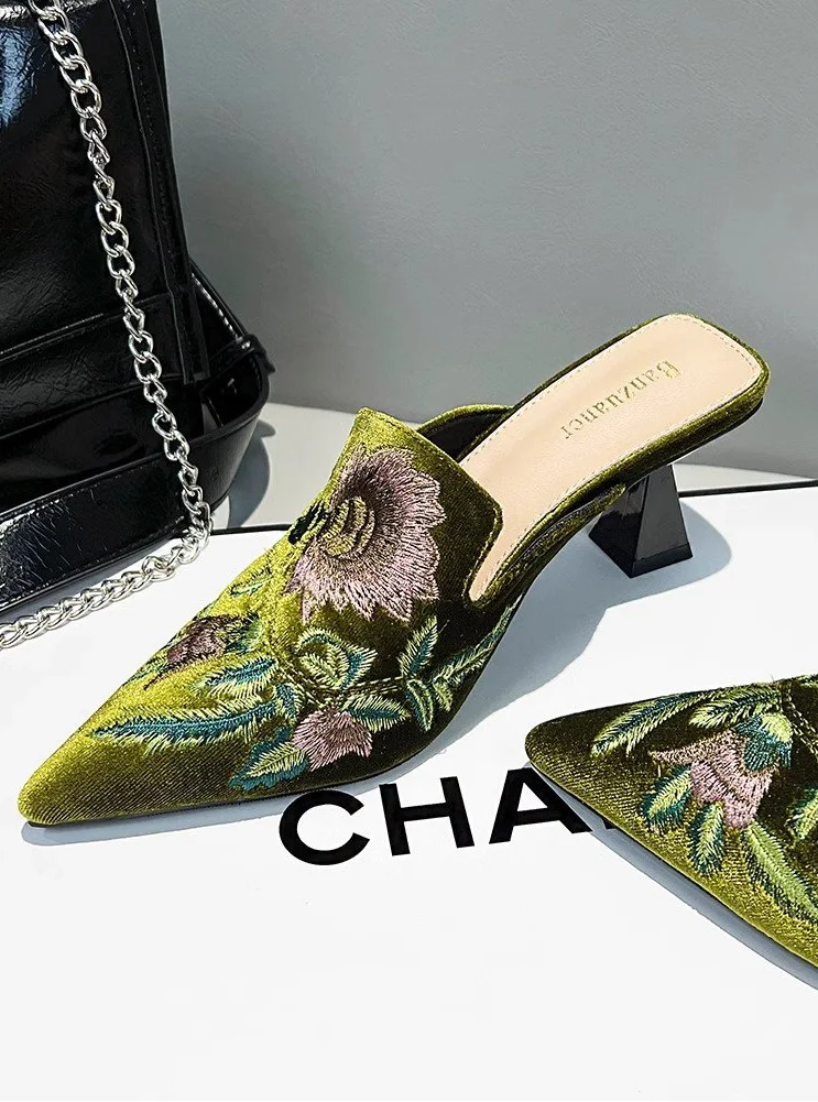 Elegant Velvet Mule Heels Pointed Toe Cone Heel Shoes