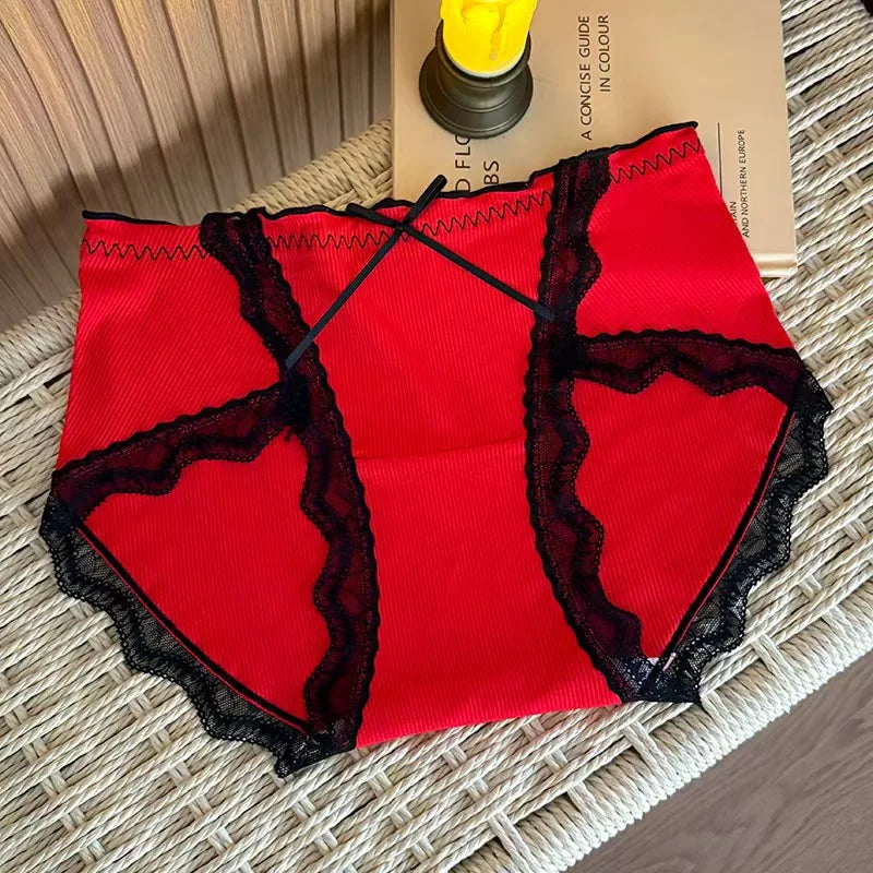Lace Waist Boxer Panties Mixed Print Scalloped Edge Briefs Silky Fabric Underwear