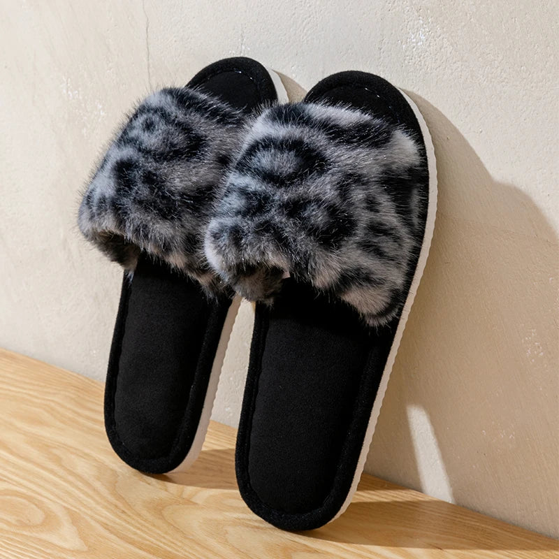 Leopard Print Plush Home Non-Slip Sole Soft Open Toe Slippers