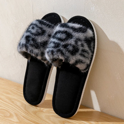 Leopard Print Plush Home Non-Slip Sole Soft Open Toe Slippers