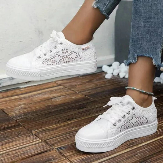 Casual White Canvas Hollow Breathable Platform Sneakers