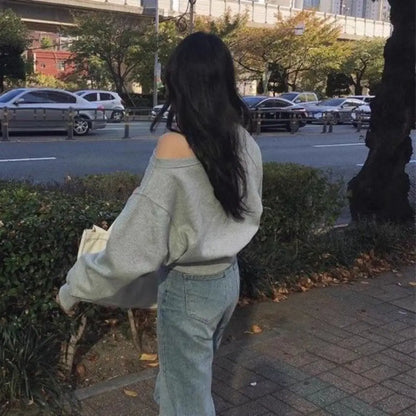 Korean Style Retro Long Sleeve T Shirt Solid Color Casual Sweatshirts