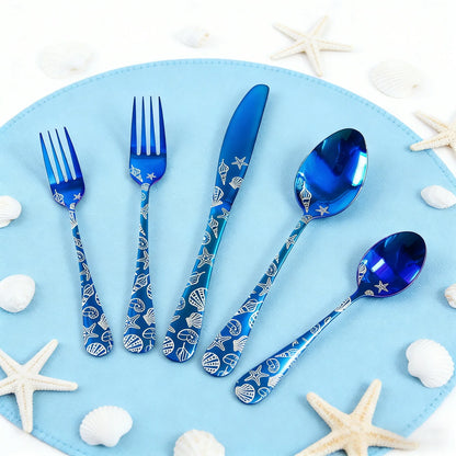 Blue Flatware Stainless Steel Cutlery Tableware Knives Forks Spoons Set