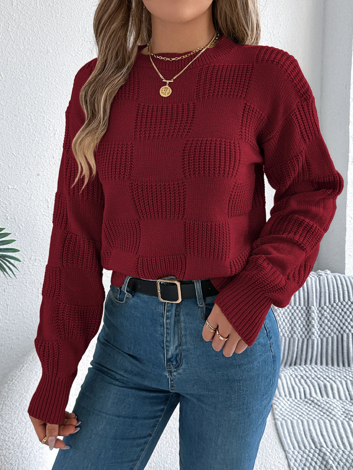 Solid Plaid Round Neck Long Sleeve Knit Cozy Sweaters