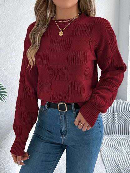 Solid Plaid Round Neck Long Sleeve Knit Cozy Sweaters