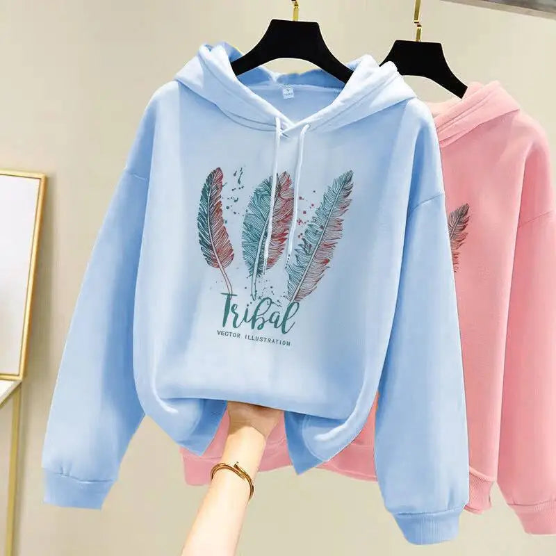 Feather Printed Hoodies Casual Loose pullover