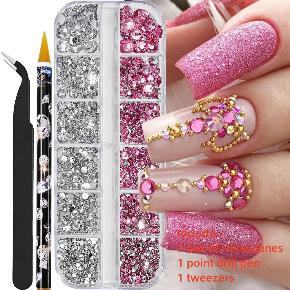 12Gird 3D Glass AB Crystal Nail Art Rhinestones Kit