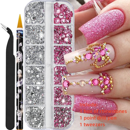 12Gird 3D Glass AB Crystal Nail Art Rhinestones Kit