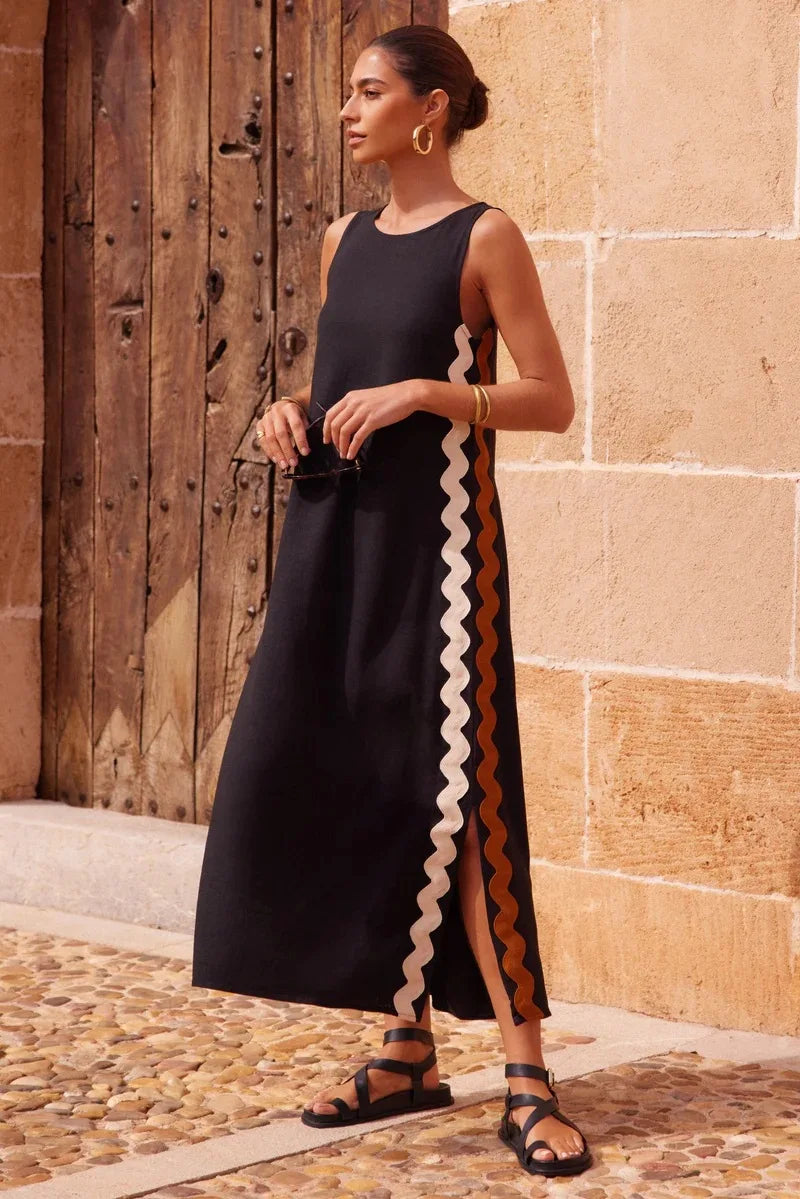 Summer Loose Casual O-neck Sleeveless Split Vintage Midi Dress