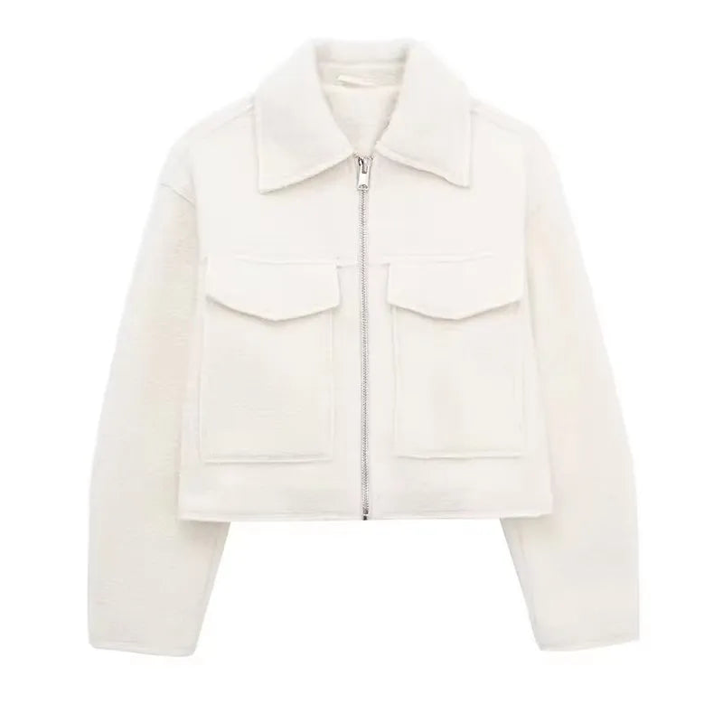 Grey Front Zipper Vintage Lapel Neck Long Sleeves Chic Jacket
