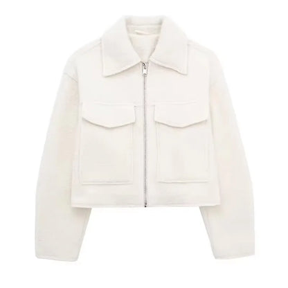 Grey Front Zipper Vintage Lapel Neck Long Sleeves Chic Jacket