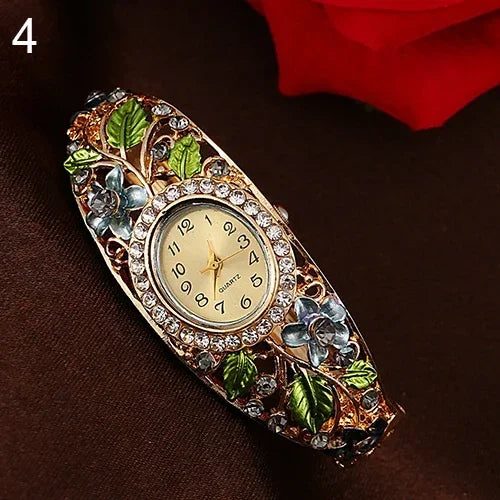 Reloj de pulsera de oro con flor de aleación de cristal de belleza