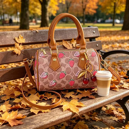 Crossbody Cherry Pattern PU Leather Boston Handbag Shoulder Bags