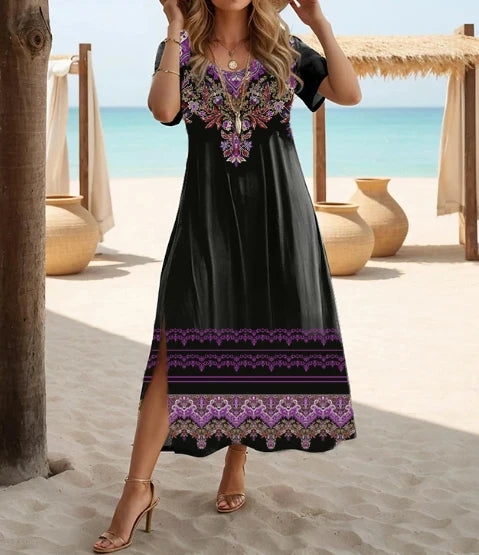 Bohemian floral casual short-sleeved large dress