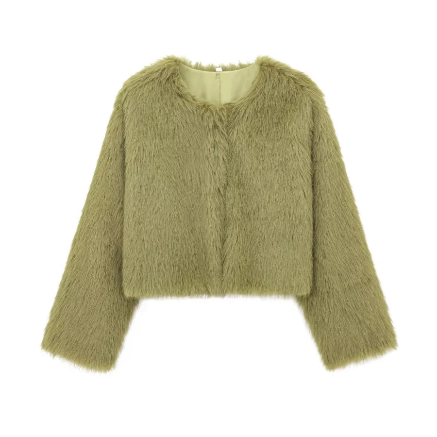 Faux fur Fall/Winter Effect Round Neck Long Sleeve Short Jacket