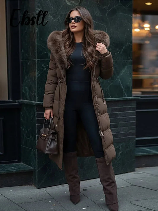 Fur Elegant Waist-cinching Long Cotton Coats