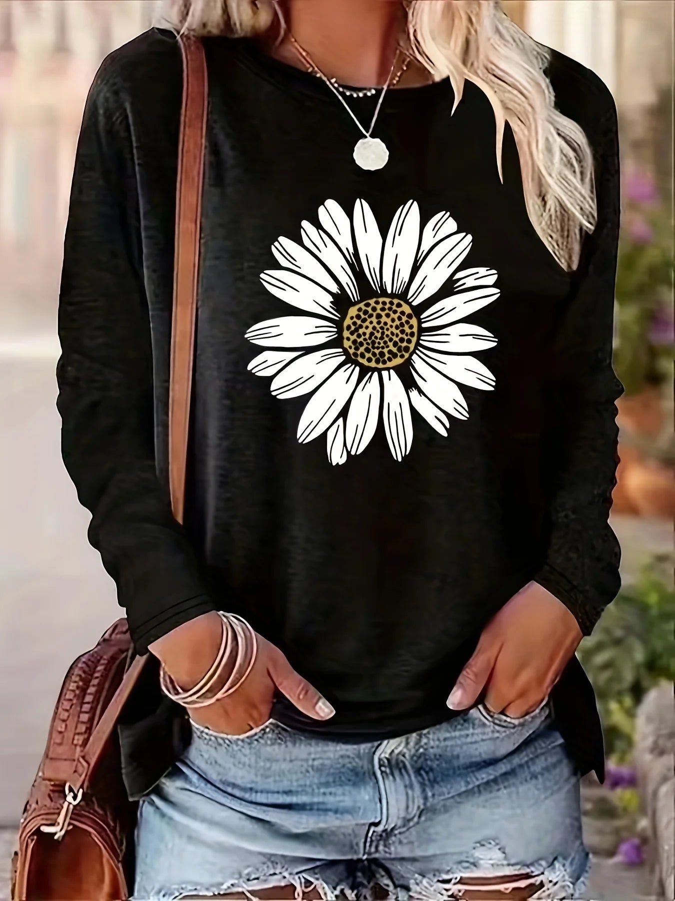 100% pure cotton loose sunflower long sleeved T-shirt