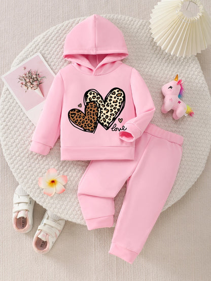Spring Fall Outfit Leopard Heart Print Hoodie Cute Casual Outfit Hooded Set