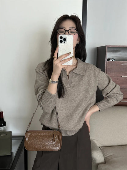 Knitted Long Sleeve Turn Down Collar Knit Sweater Pullover