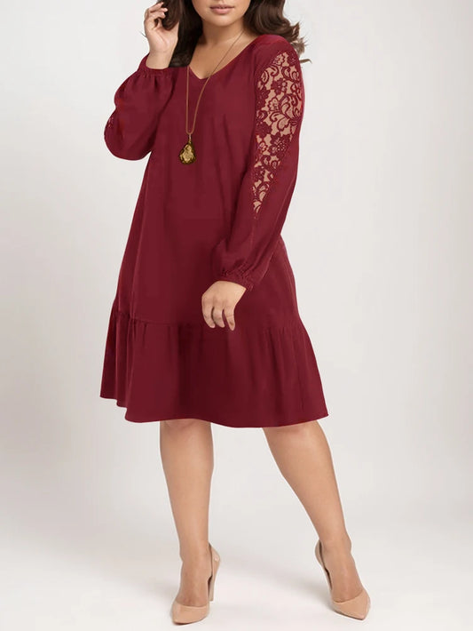 Plus Size Sexy V-Neck Elegant Loose-Fit Lace Long-Sleeve  Mini Dress
