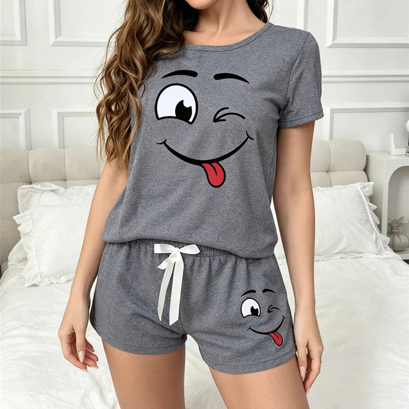 Cute smile face Print Short Sleeve Soft Cotton Pajamas Set