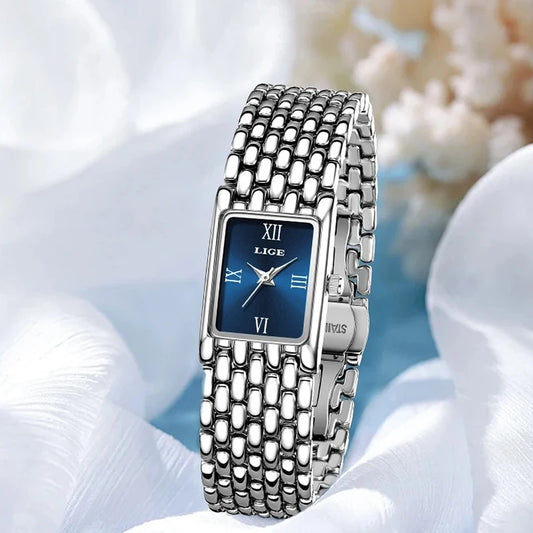 Quartz Silver Simple Square Luxury Stainless Steel Folding Wristwatch