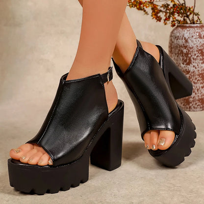 High Heel Sexy Peep Pu Leather Chunky Ankle Buckle Shoes