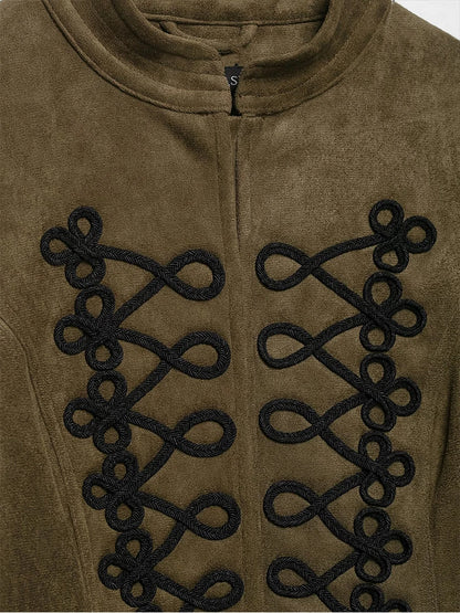 Faux Suede Stand Collar Handmade Knot Slimming Long Sleeve Short Jacket