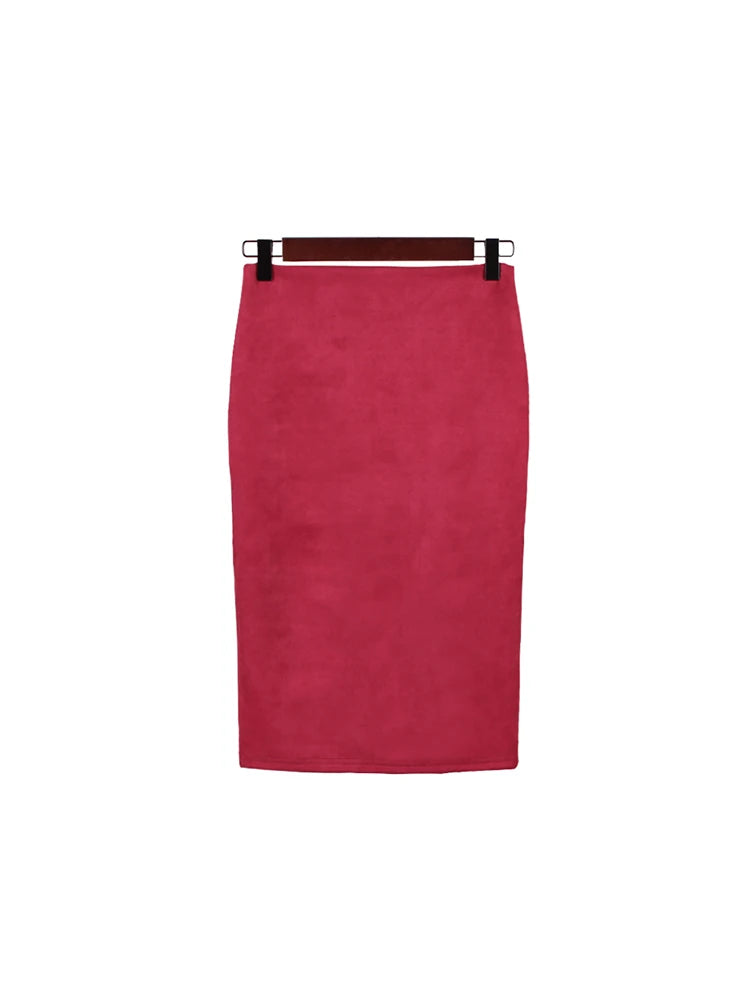 Suede Pencil High Waist Bodycon Vintage Suede Split Thick Stretchy Skirts