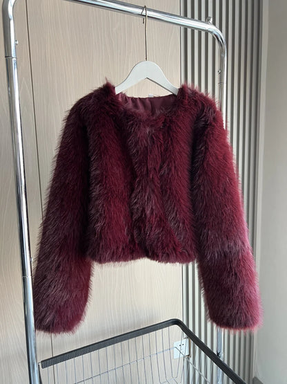 Faux fur Fall/Winter Effect Round Neck Long Sleeve Short Jacket