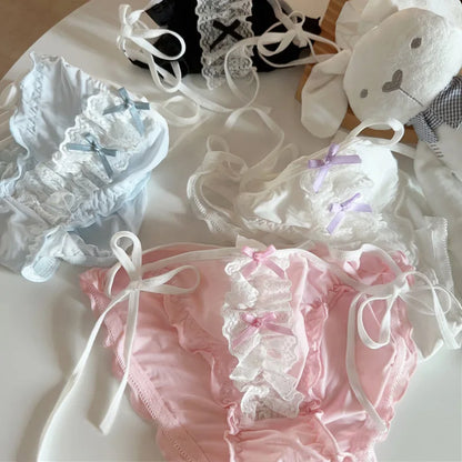 Double Bow Lace Ruffle Cute Underpants Low Waist Lace Up Ice Silk Breathable Panties