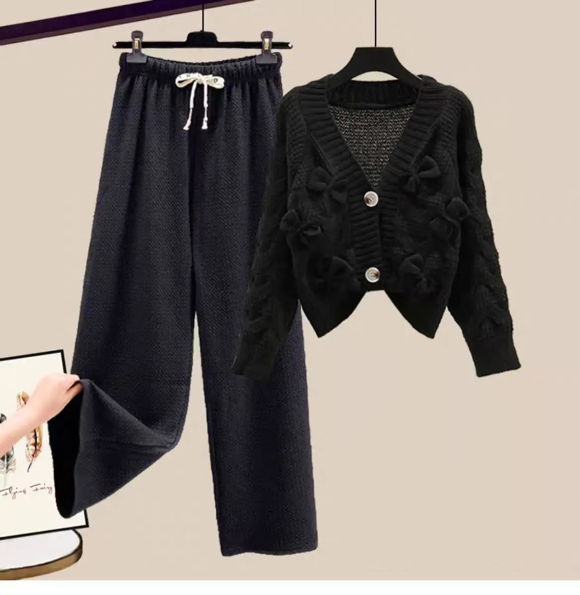 Korean Sweet Bow Outfit Long Sleeve Cardigan Knitwear Wide Leg Pants Set