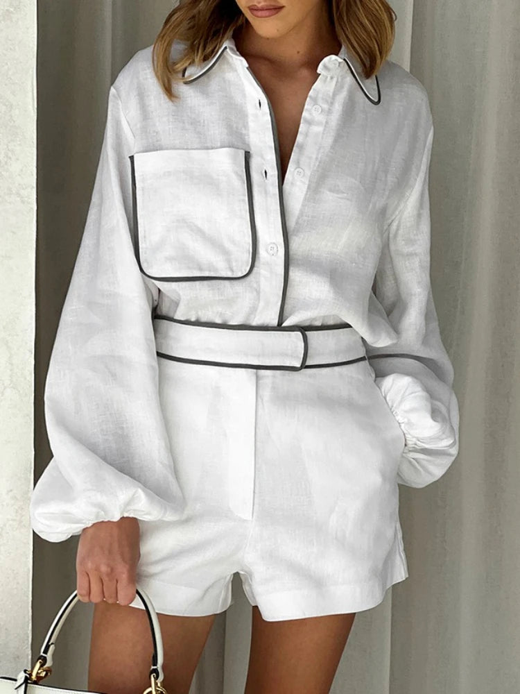 Elegant Cotton Linen Long-Sleeved Shirt Shorts Set