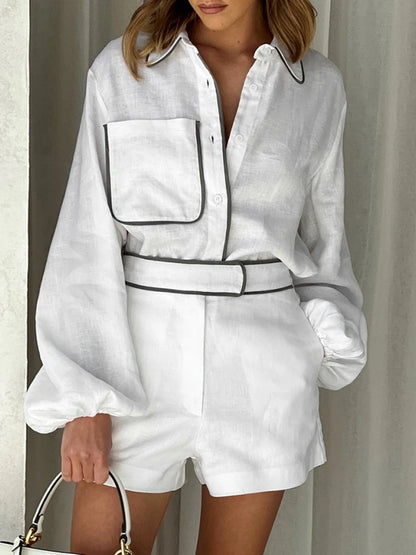 Elegant Cotton Linen Long-Sleeved Shirt Shorts Set
