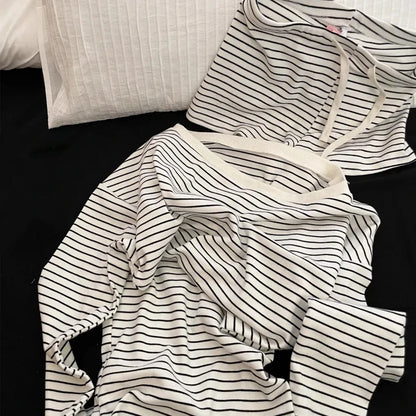 Korean Style Striped Long Sleeve Drawstring Shorts Sleepwear Pajama Set