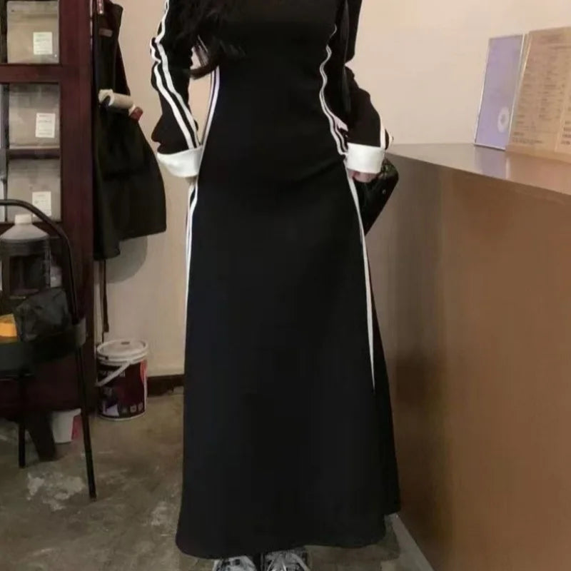 Midi Black Vintage Korean Style Elastic Long Sleeved Sports Dress