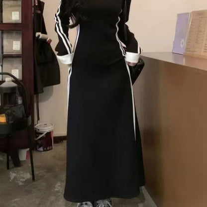 Midi Black Vintage Korean Style Elastic Long Sleeved Sports Dress
