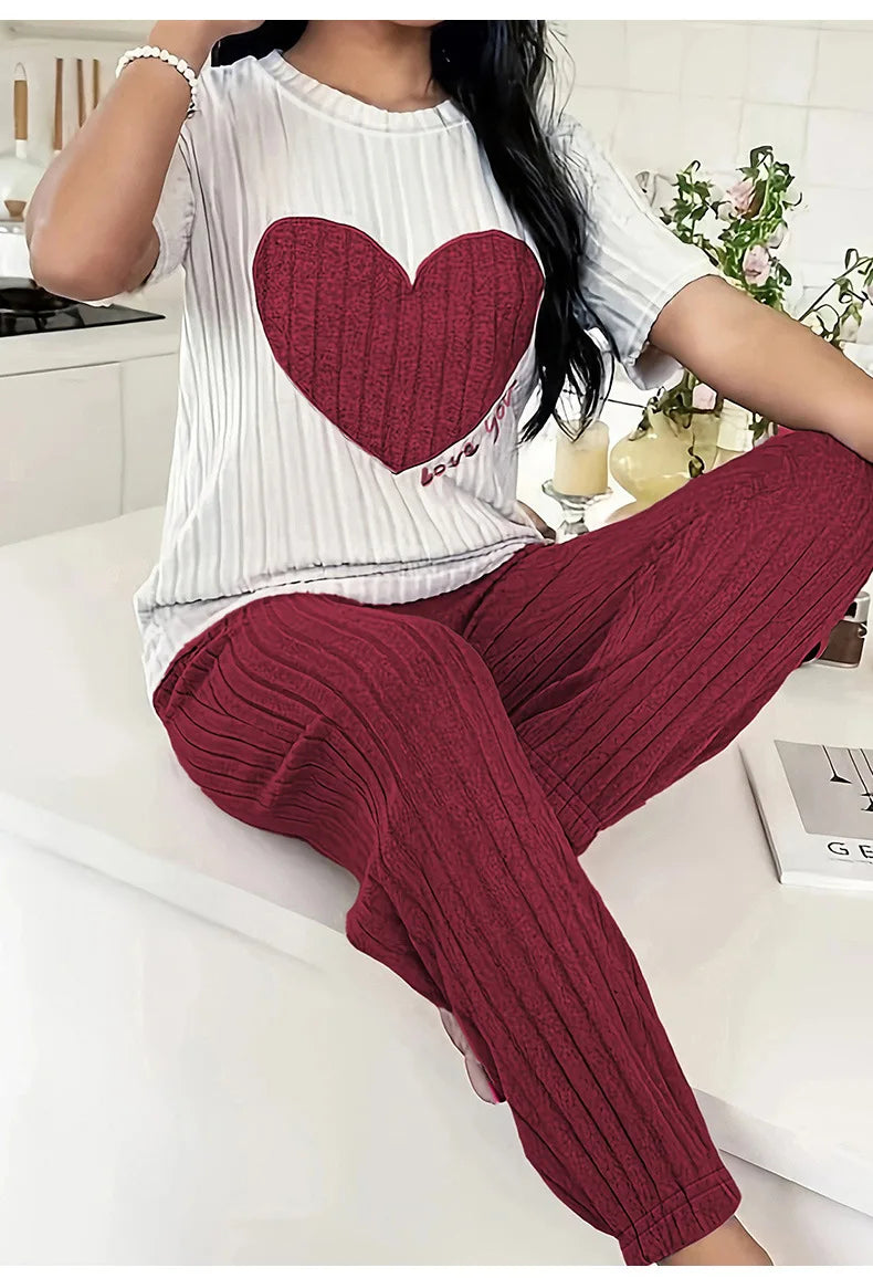 Heart Print Round Neck Short Sleeve Pyjama set